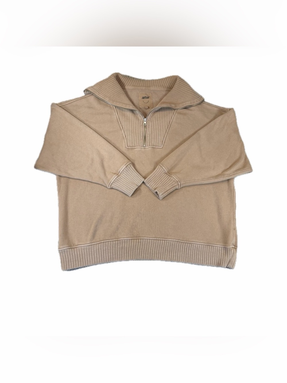 Aerie Women's Down to Earth Quarter Zip Sweatshirt Tan Oversized Slouchy Size XL